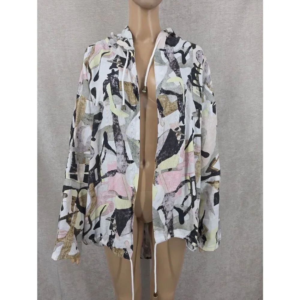 100% Linen Lightweight Abstract Print Hooded Jacket Open Style Roll Tab Sleeves